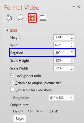 Rotation option within the Format Video Task Pane