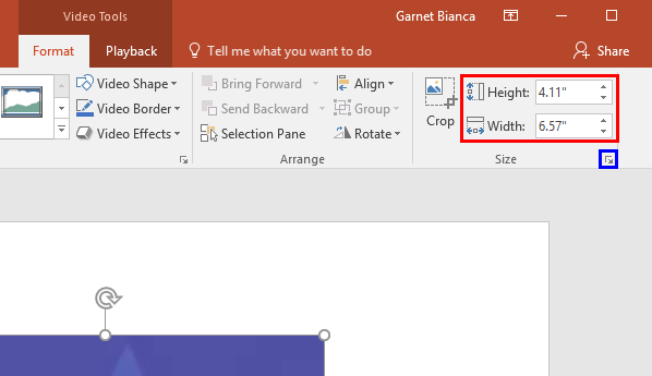 Height and Width values entered within the Size group