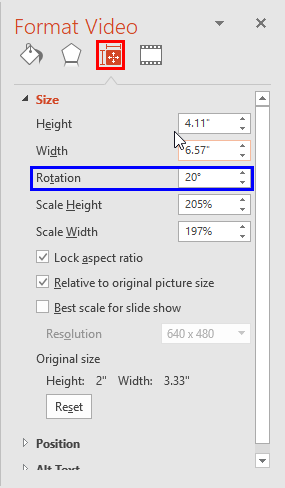 Rotation option within the Format Video Task Pane