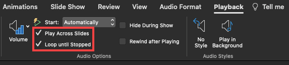 Loop Until Stopped option within the Playback Options drop-down menu Loop Until Stopped option within the Playback Options drop-down menu