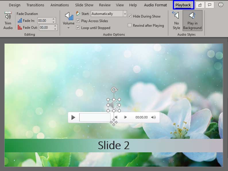 Audio Tools Playback tab selected within the Ribbon