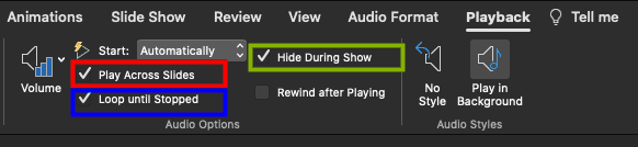 Required check-boxes selected to play the sound across slides