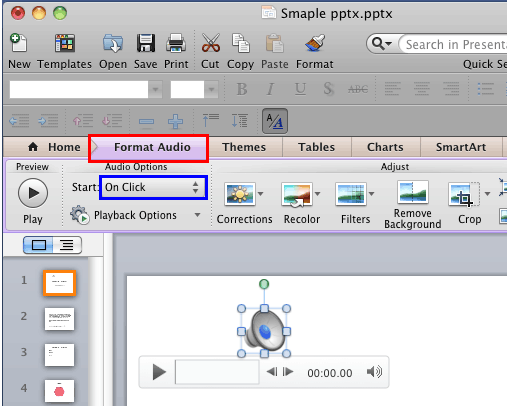 Format Audio tab selected within the Ribbon Format Audio tab selected within the Ribbon