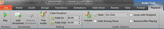Audio Tools Playback tab of the Ribbon Audio Tools Playback tab of the Ribbon