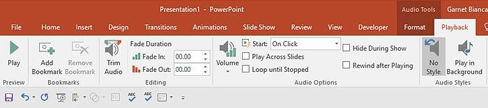Audio Tools Playback tab of the Ribbon Audio Tools Playback tab of the Ribbon