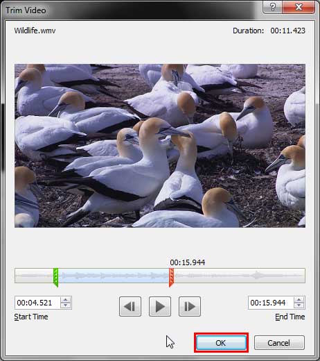 Press the OK button to trim