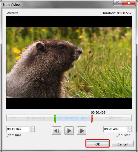 Press the OK button to trim