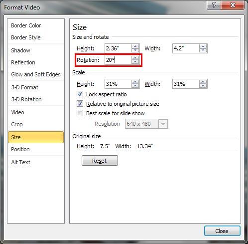 Rotation option within the Format Video dialog box
