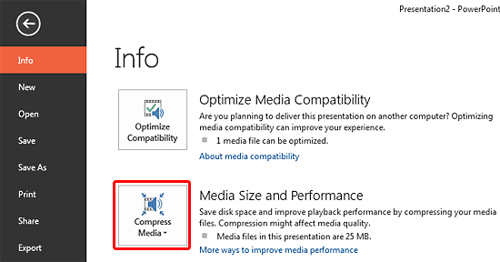 Compress Media button within the Info panel Compress Media button within the Info panel
