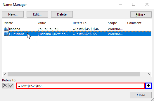 Name Manager contains a listing of all ranges