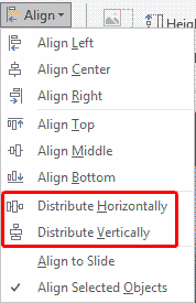 Distribute options within the Align drop-down gallery Distribute options within the Align drop-down gallery