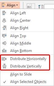 Distribute options within the Align drop-down gallery Distribute options within the Align drop-down gallery