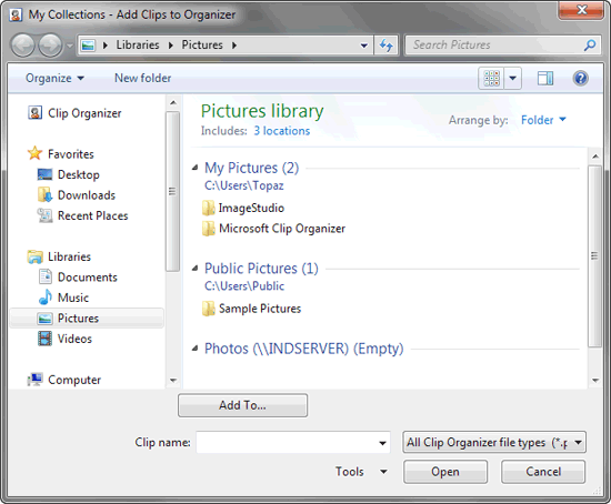 Add Clips to Organizer dialog box