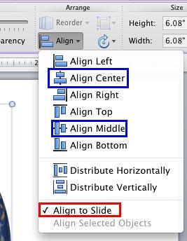 Align to Slide option selected in the Align or Distribute drop-down gallery Align to Slide option selected in the Align or Distribute drop-down gallery