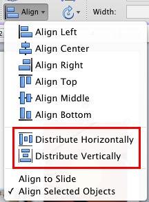Distribute options within the Align or Distribute drop-down gallery Distribute options within the Align or Distribute drop-down gallery