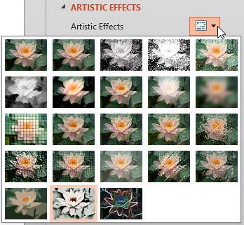 The Artistic Effects drop-down gallery within the Format Picture Task Pane The Artistic Effects drop-down gallery within the Format Picture Task Pane