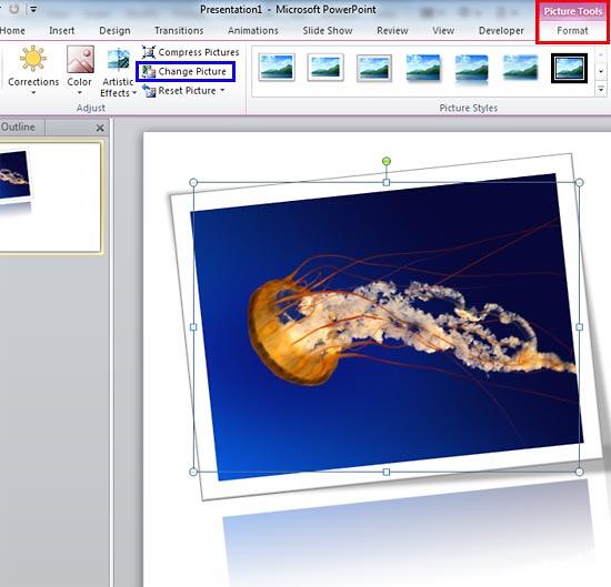 Change Picture button within the Picture Tools Format tab Change Picture button within the Picture Tools Format tab
