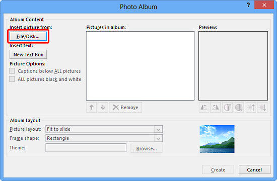 Photo Album dialog box
