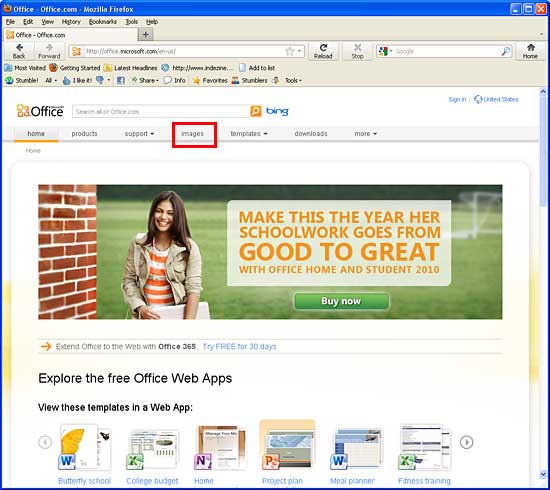 Images tab within the Microsoft Office home page