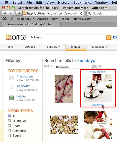 Selected thumbnail shows download link Selected thumbnail shows download link