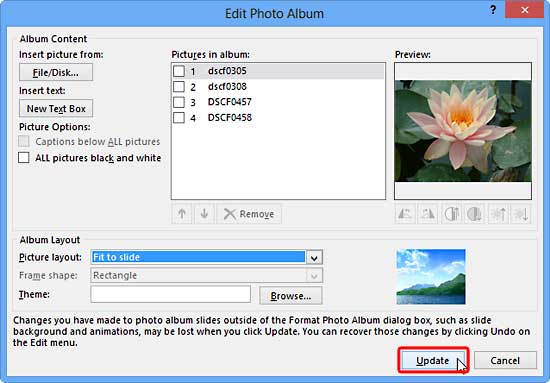 The Edit Photo Album dialog box The Edit Photo Album dialog box