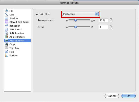 Artistic Filters option selected within the Format Picture dialog box Artistic Filters option selected within the Format Picture dialog box