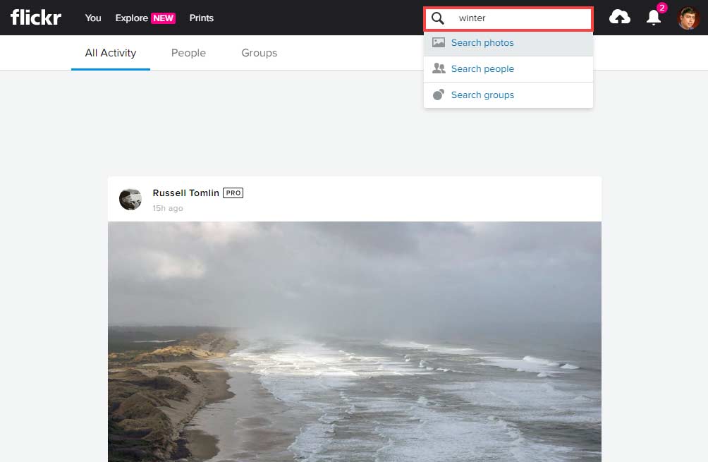 Search box on the Flickr home page