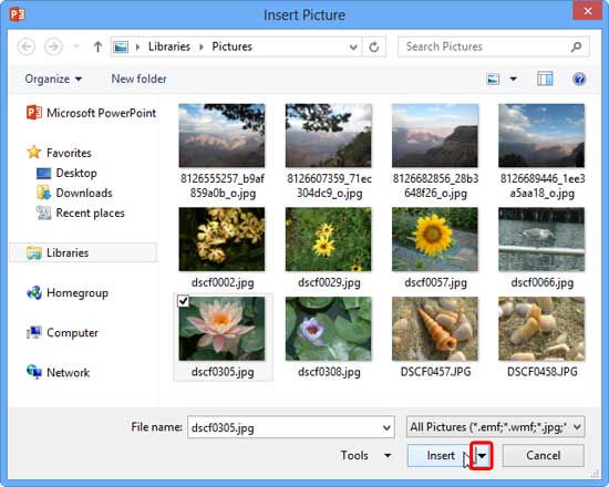 Down-arrow next to the Insert button
