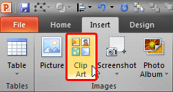 Clip Art button within the Insert tab Clip Art button within the Insert tab