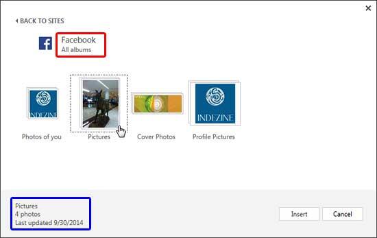 Window showing all albums within Facebook account Window showing all albums within Facebook account