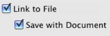 Link to File and Save with Document check-boxes selected Link to File and Save with Document check-boxes selected