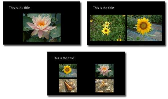 1, 2, and 4 pictures per slide show over the slide background with titles