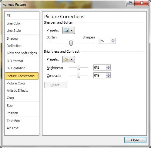 Picture Correction options within the Format Picture dialog box Picture Correction options within the Format Picture dialog box