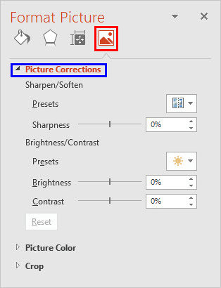 Picture Correction options within the Format Picture Task Pane Picture Correction options within the Format Picture Task Pane