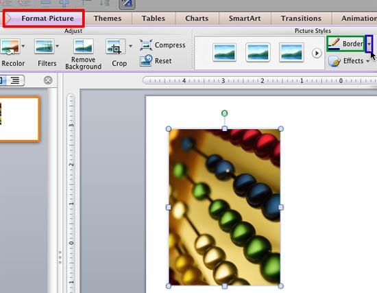 Border button within the Format Picture tab Border button within the Format Picture tab