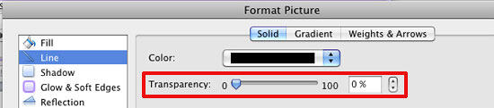 Transparency slider within the Format Picture dialog box Transparency slider within the Format Picture dialog box
