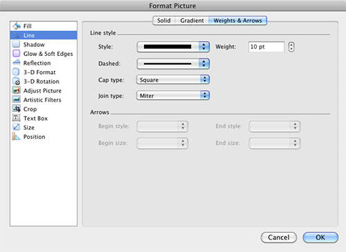 Border (line) editing options within the Format Picture dialog box Border (line) editing options within the Format Picture dialog box