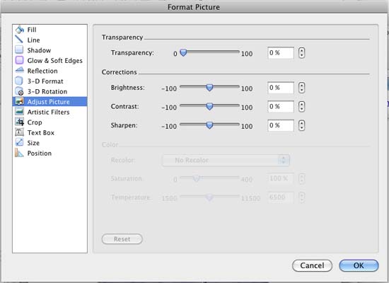 Picture Correction options within the Format Picture dialog box Picture Correction options within the Format Picture dialog box