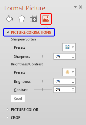 Picture Correction options within the Format Picture Task Pane Picture Correction options within the Format Picture Task Pane