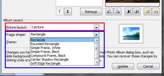 Frame shape drop-down list Frame shape drop-down list