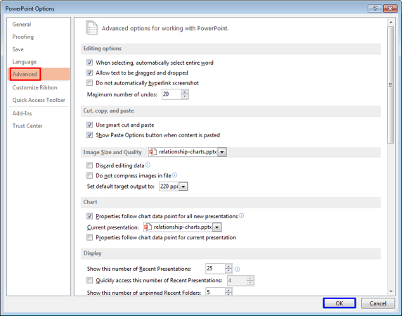 PowerPoint Options dialog box PowerPoint Options dialog box