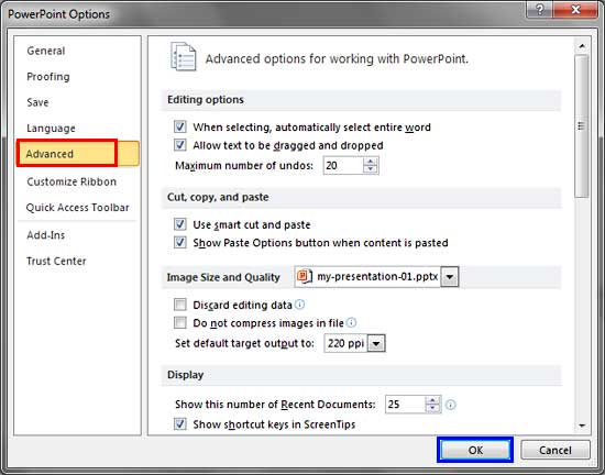 PowerPoint Options dialog box PowerPoint Options dialog box