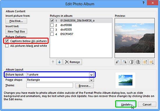 Caption below ALL pictures option selected