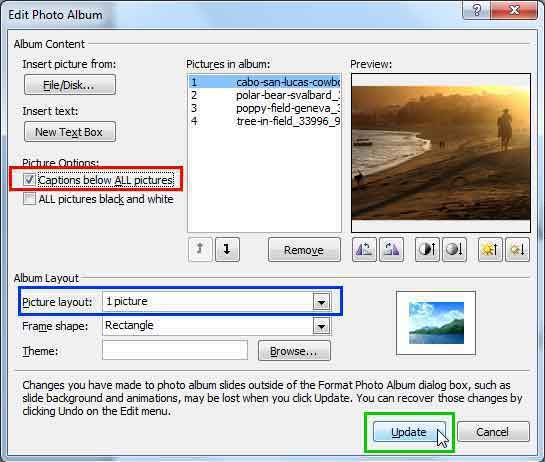 Caption below ALL pictures option selected Caption below ALL pictures option selected