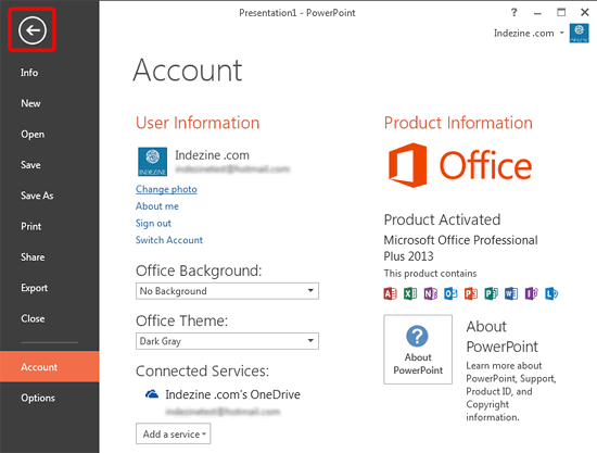 Back Arrow button within Backstage view Back Arrow button within Backstage view