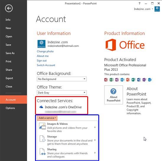 Account window within the Backstage view Account window within the Backstage view