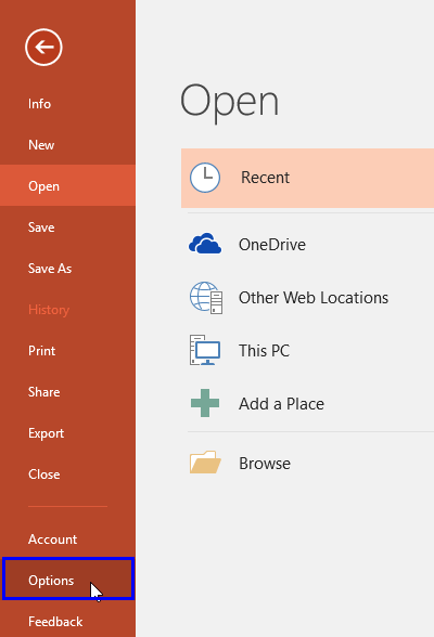 Options within the Backstage View
