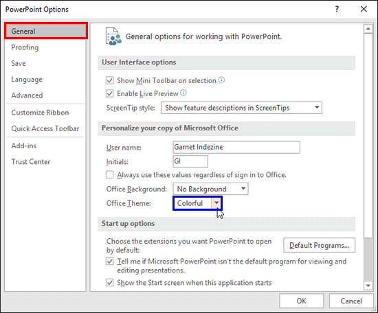 PowerPoint Options dialog box