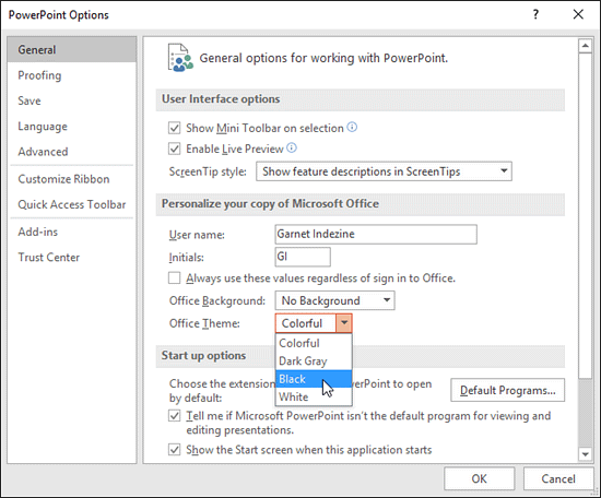 Black option within the Office Theme drop-down menu