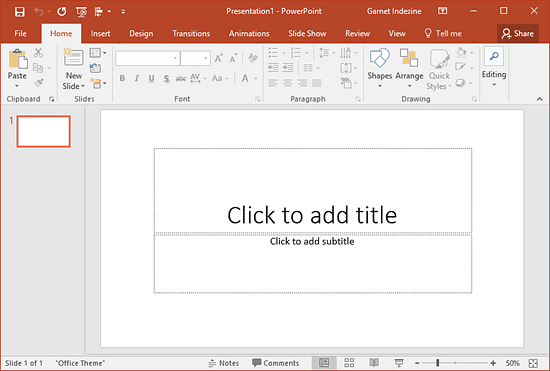 PowerPoint 2016 interface with the default Colorful Office Theme applied